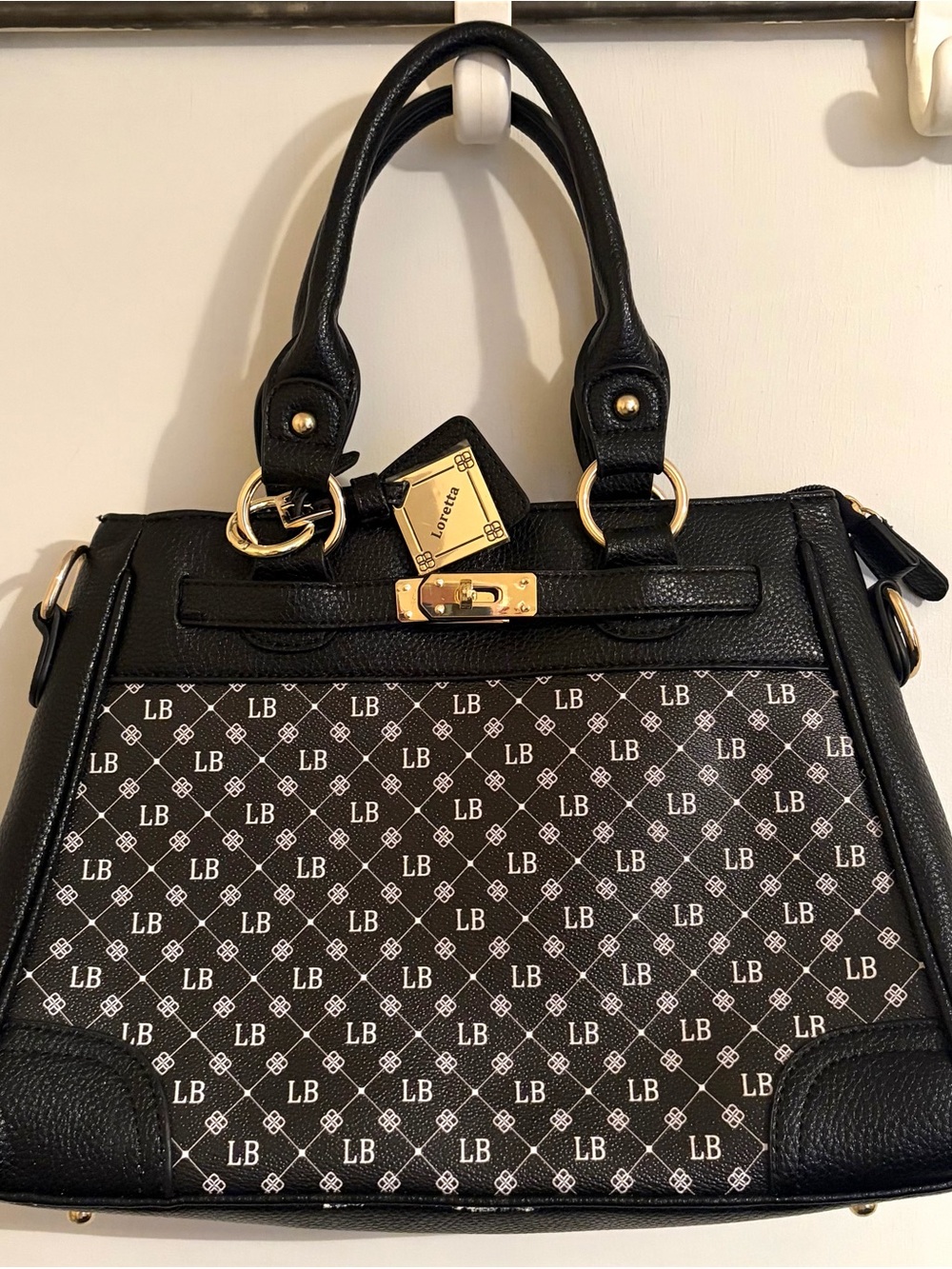 Loretta Black LB Monogram Satchel Handbag with Shoulder Strap